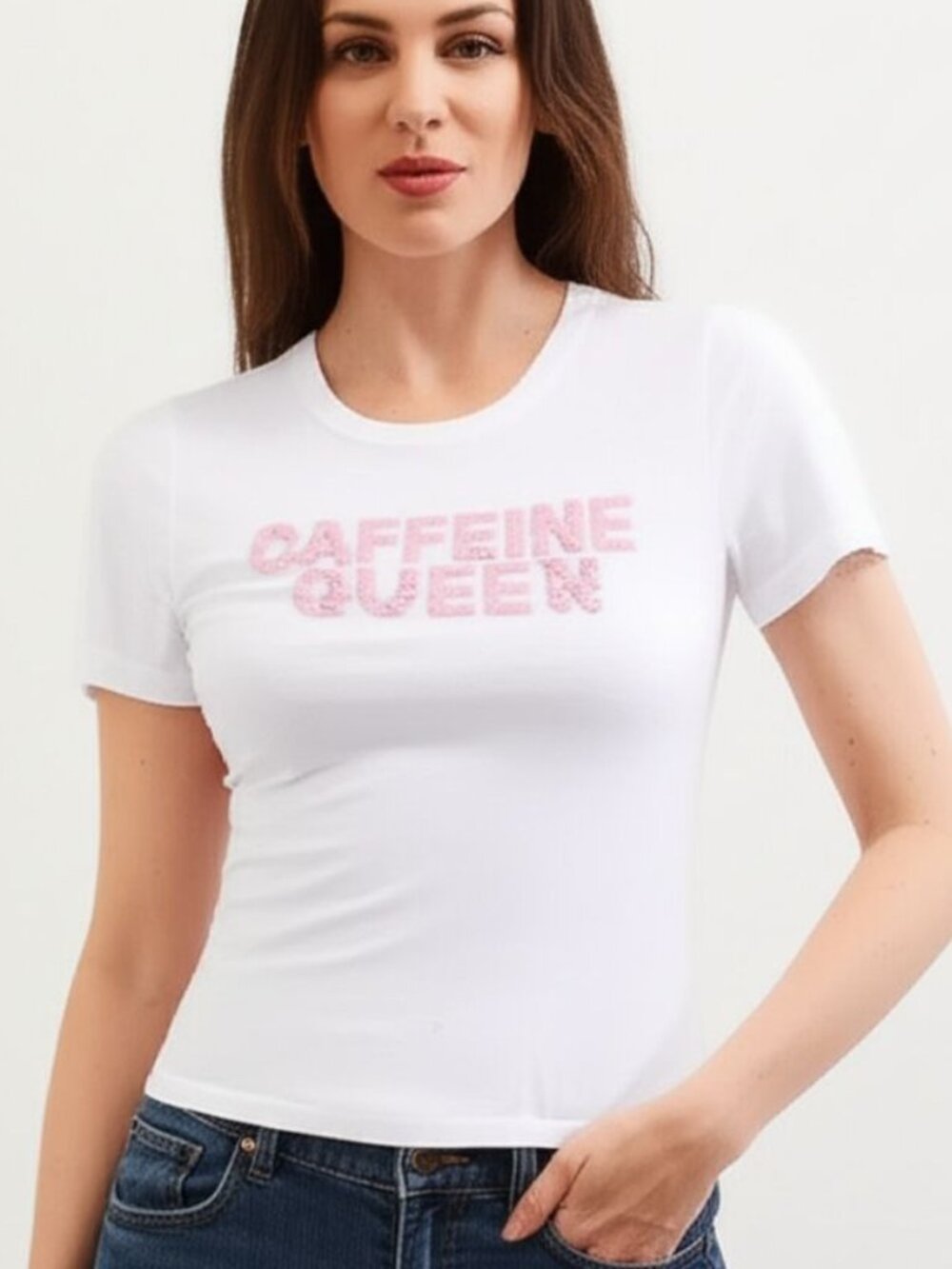 Maybe Wang Fitted T-Shirt Caffeine Queen White Pink Sequin Lettering Size Large